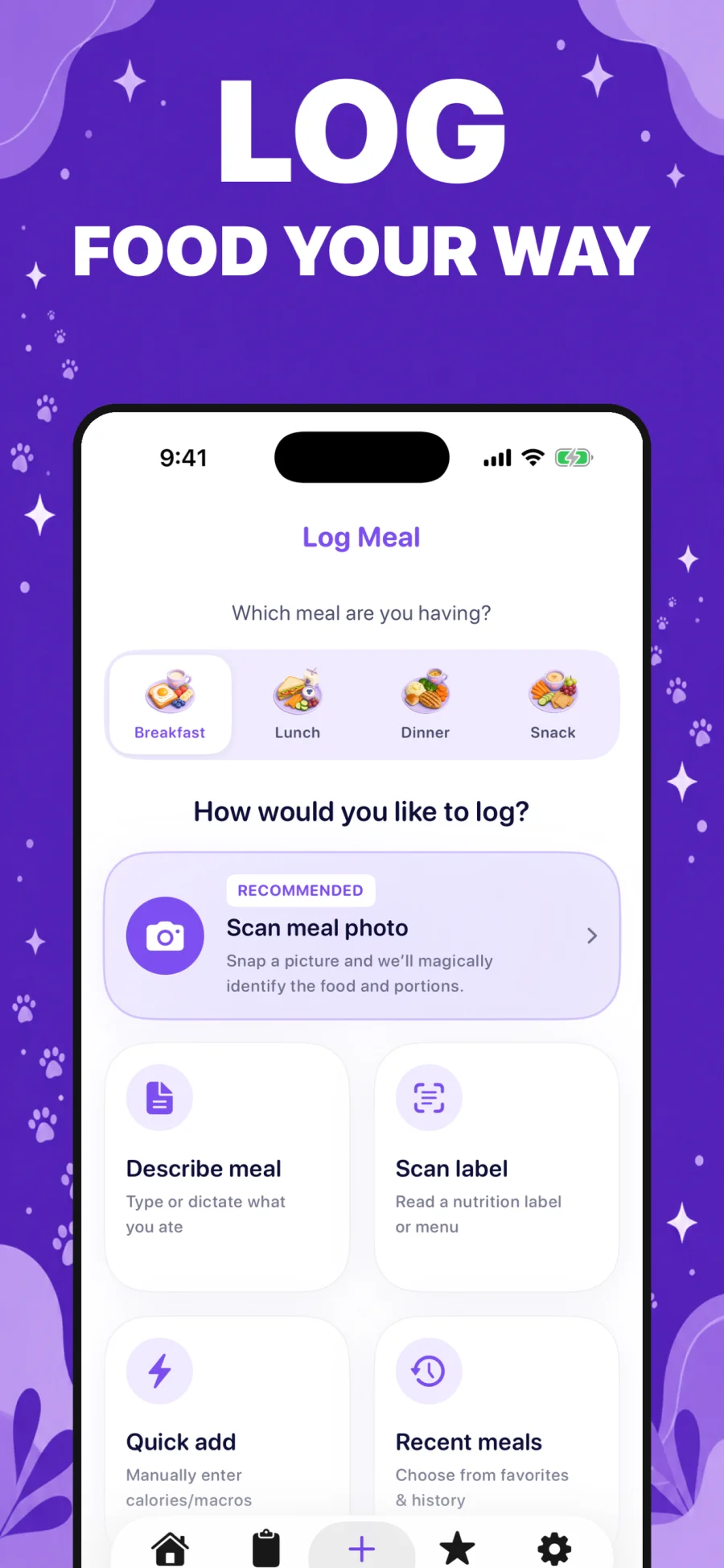 Koky’s food logging screen with meal photo, description, label scan, and quick add options