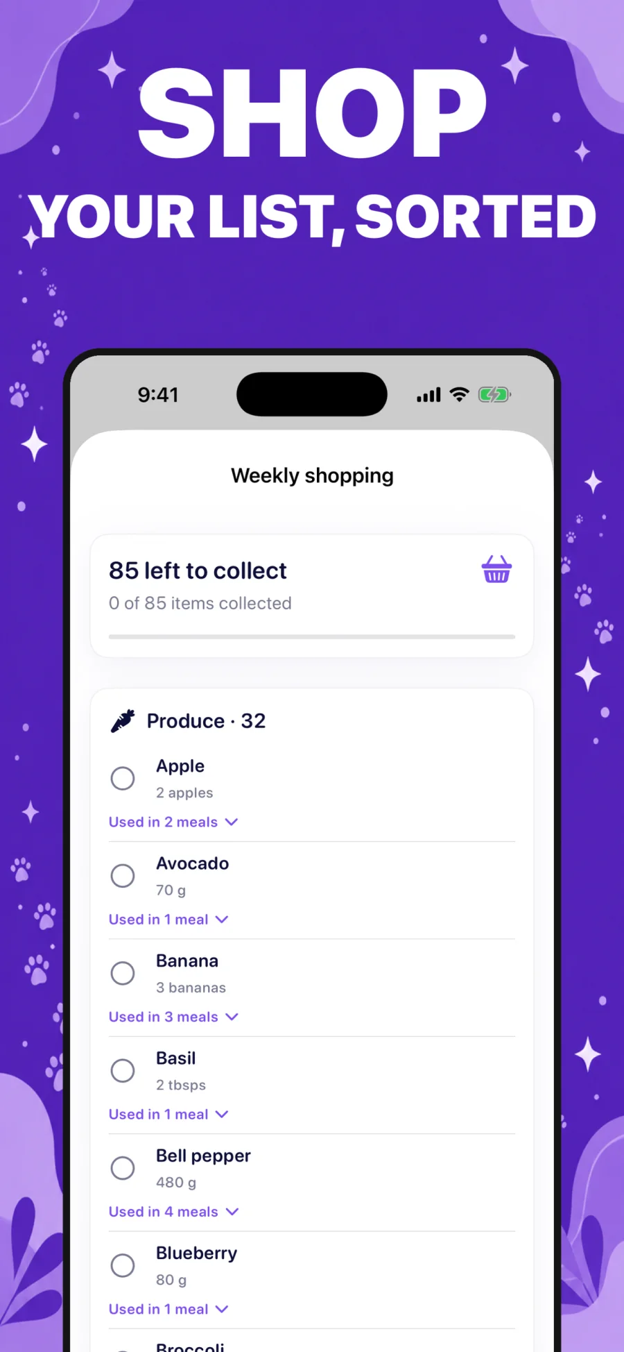 A weekly shopping list in Koky, grouped by ingredient category